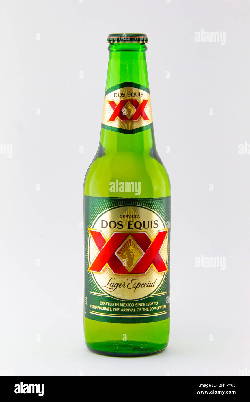Calgary Alberta, Canada. Feb 15, 2021. A bottle of Dos Equis Lager beer