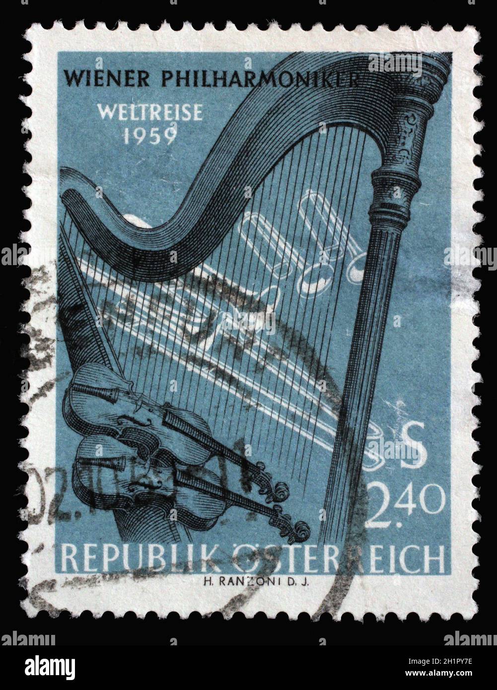 Stamp printed by Austria, shows Orchestral Instruments, World Tour of ...