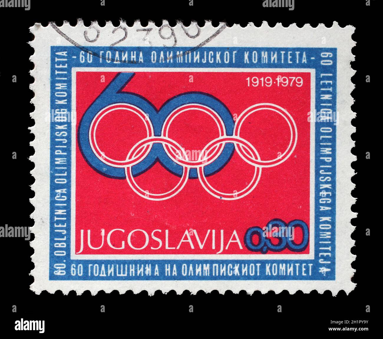 Stamp printed by Yugoslavia is dedicated to the 60th anniversary of the Olympic Committee, circa 1979. Stock Photo