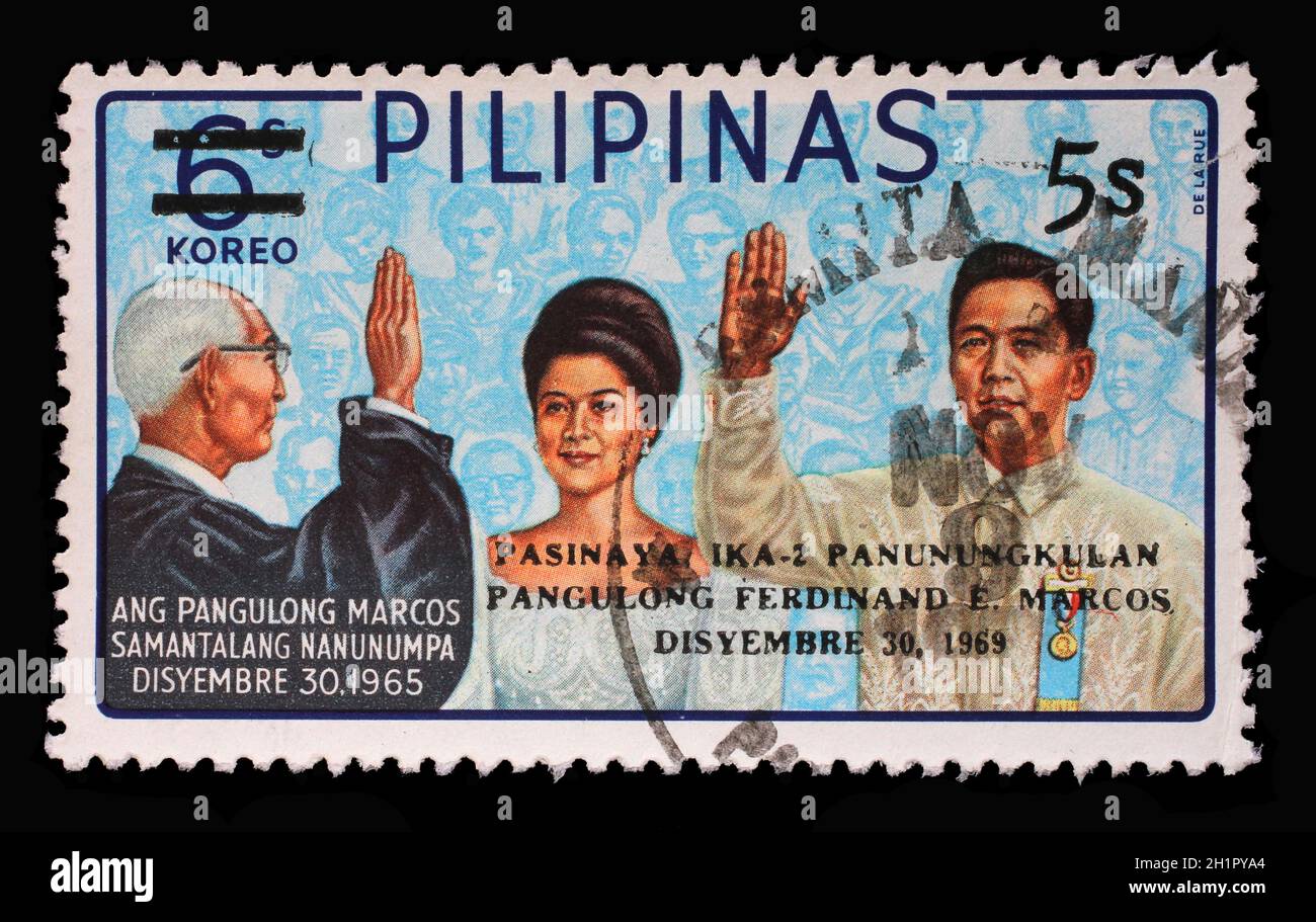 Stamp printed in Philippines shows Ferdinand Marcos Inauguration, 2nd-term inauguration of president Marcos, circa 1969 Stock Photo