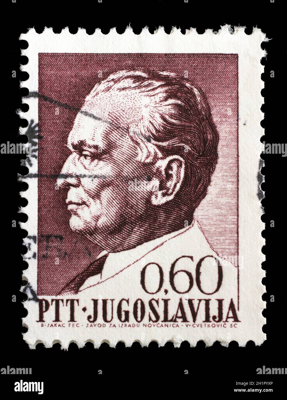 Stamp printed in Yugoslavia shows a portrait of Yugoslavian President ...