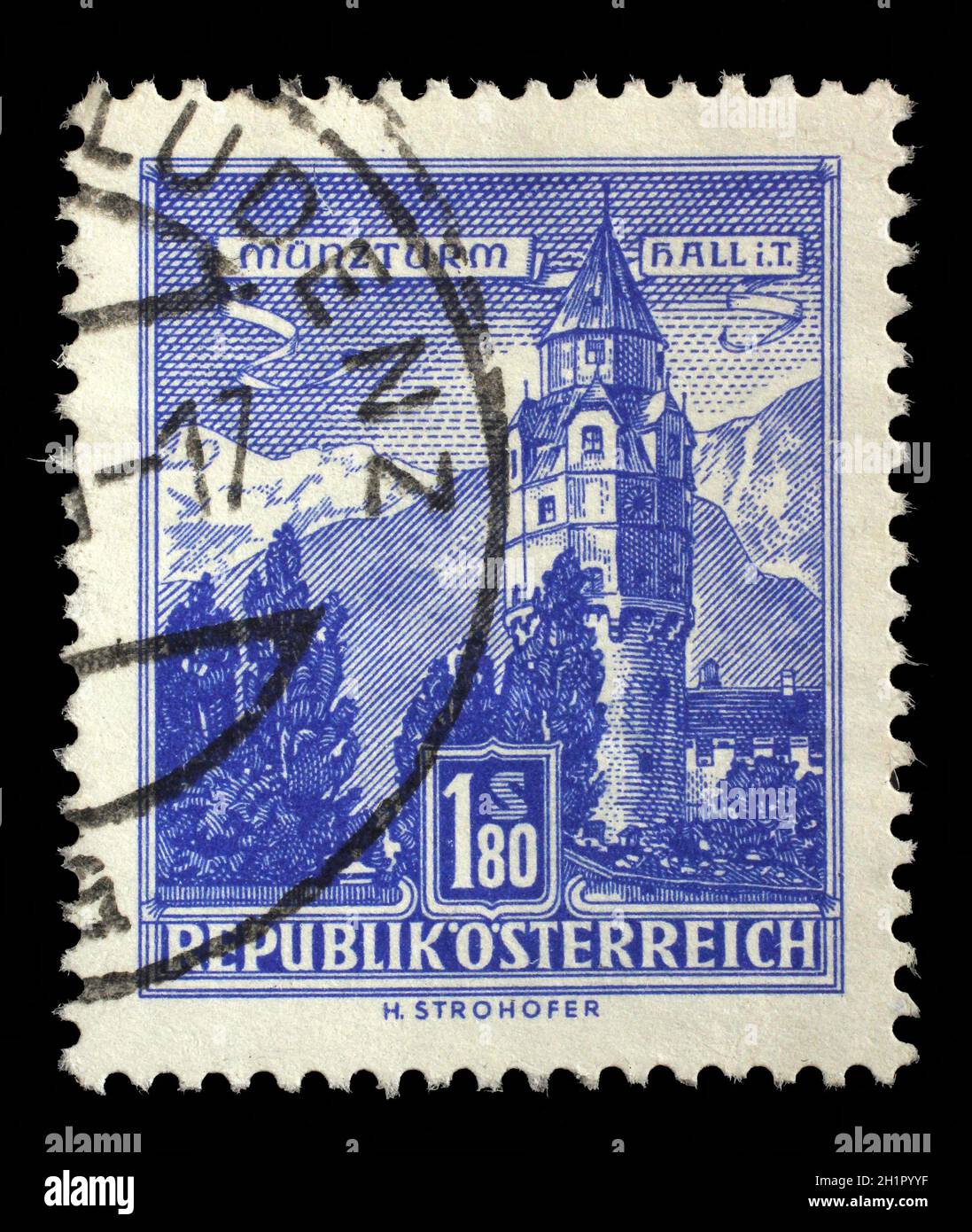 Stamp printed in Austria shows Munzturm hall in Tirol, series, circa 1960 Stock Photo