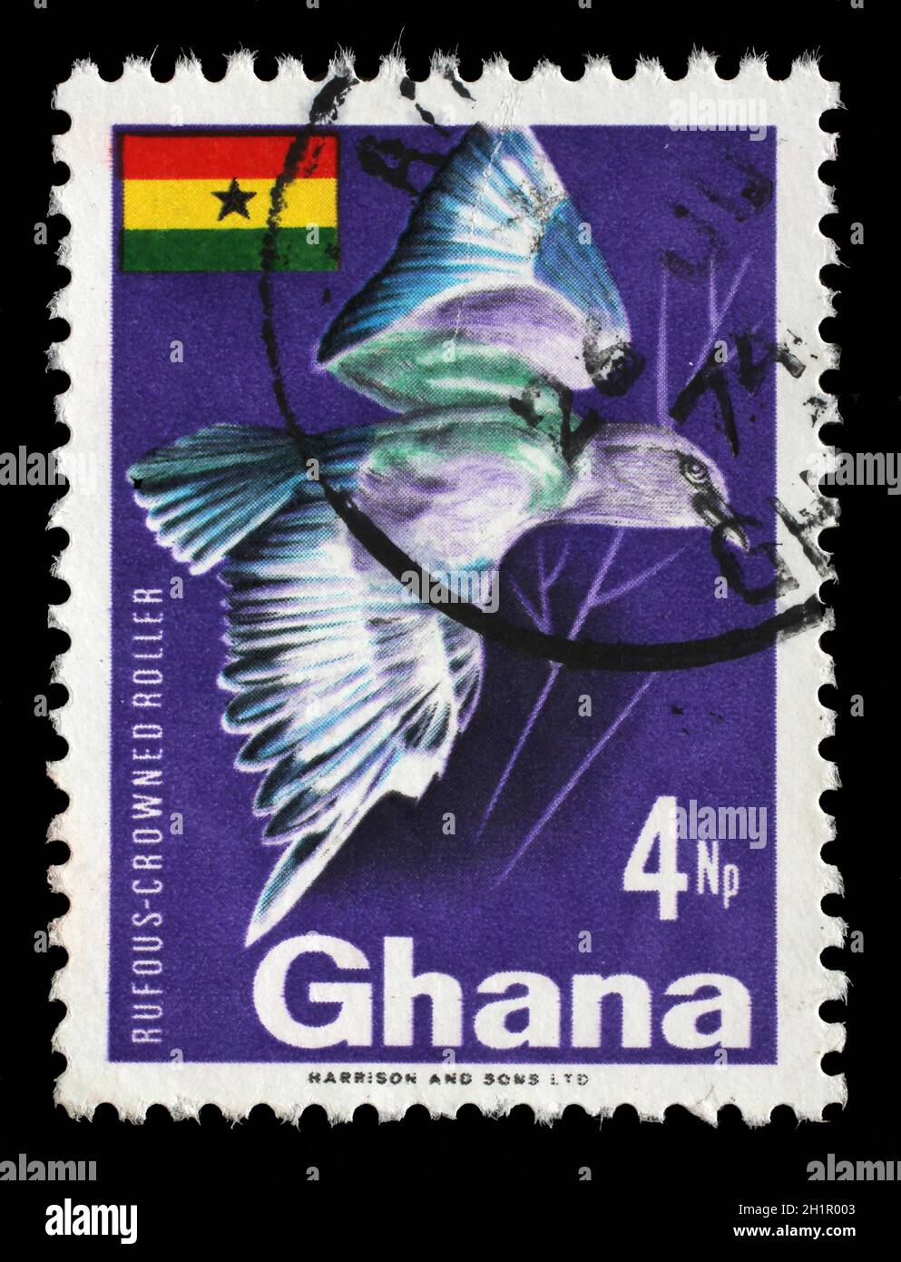 Stamp printed in Ghana shows Rufous-crowned Roller (Coracias naevia), circa 1967 Stock Photo