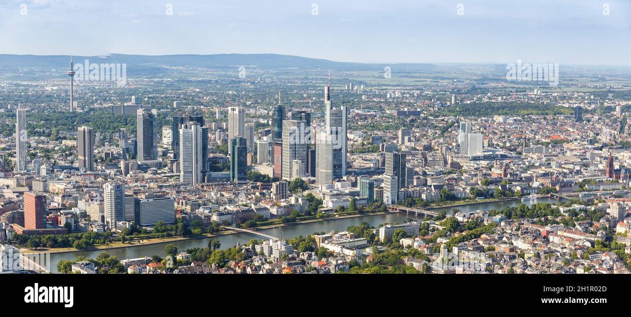 Frankfurt, Germany - May 27, 2020: Frankfurt skyline panoramic view aerial photo city Main river Commerzbank skyscraper in Germany. Stock Photo