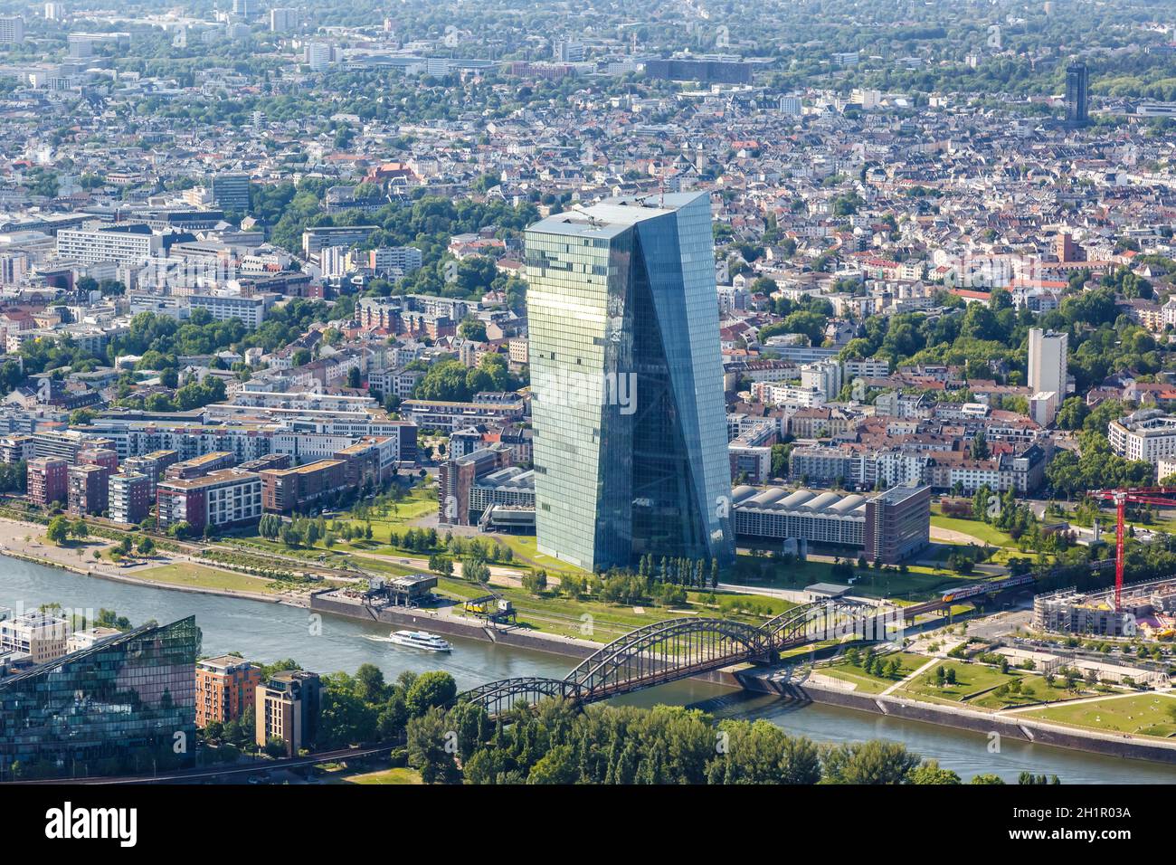Frankfurt, Germany - May 27, 2020: ECB European Central Bank skyscraper skyline aerial photo Main river city in Germany. Stock Photo