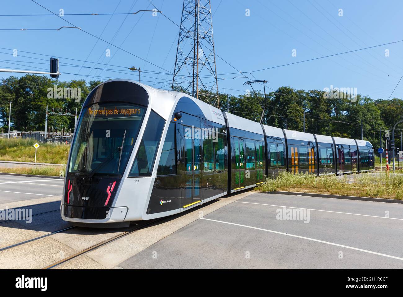 Luxembourg - June 24, 2020: Tram Luxtram train transit transport CAF Urbos in Luxembourg. Stock Photo