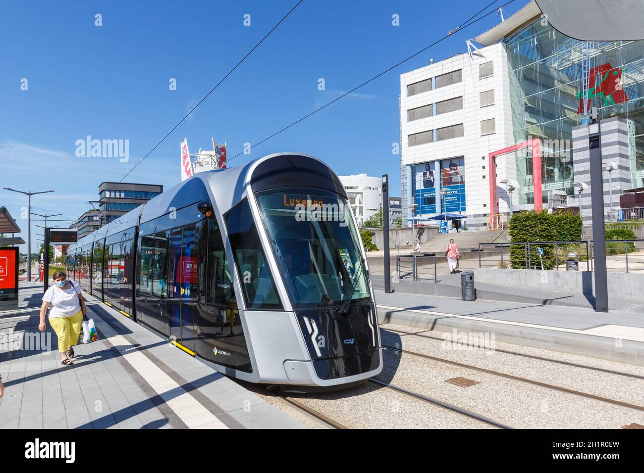 Luxembourg - June 24, 2020: Tram Luxtram train transit transport Alphonse Weicker station in Luxembourg. Stock Photo