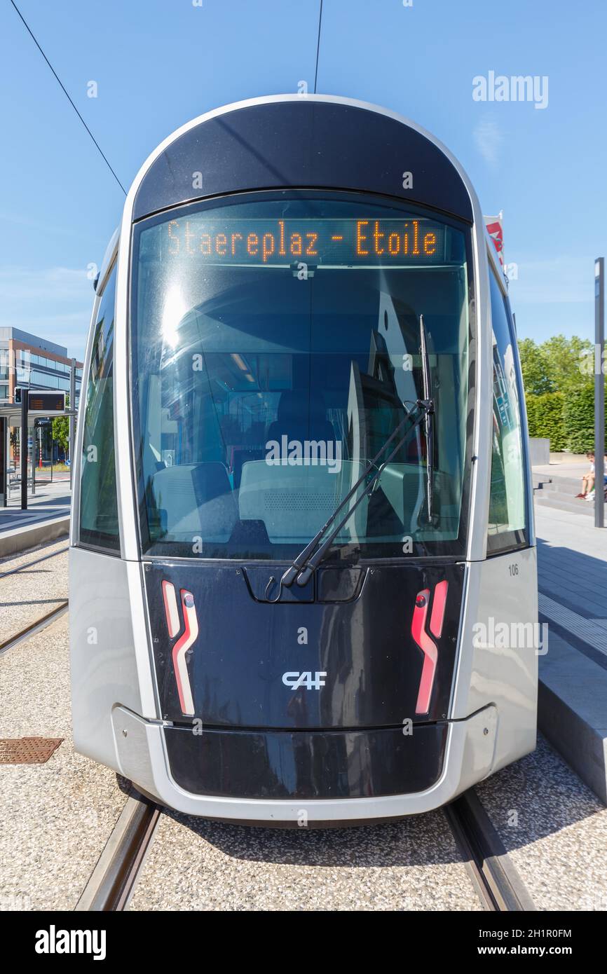 Luxembourg - June 24, 2020: Tram Luxtram train transit transport CAF Urbos in Luxembourg. Stock Photo