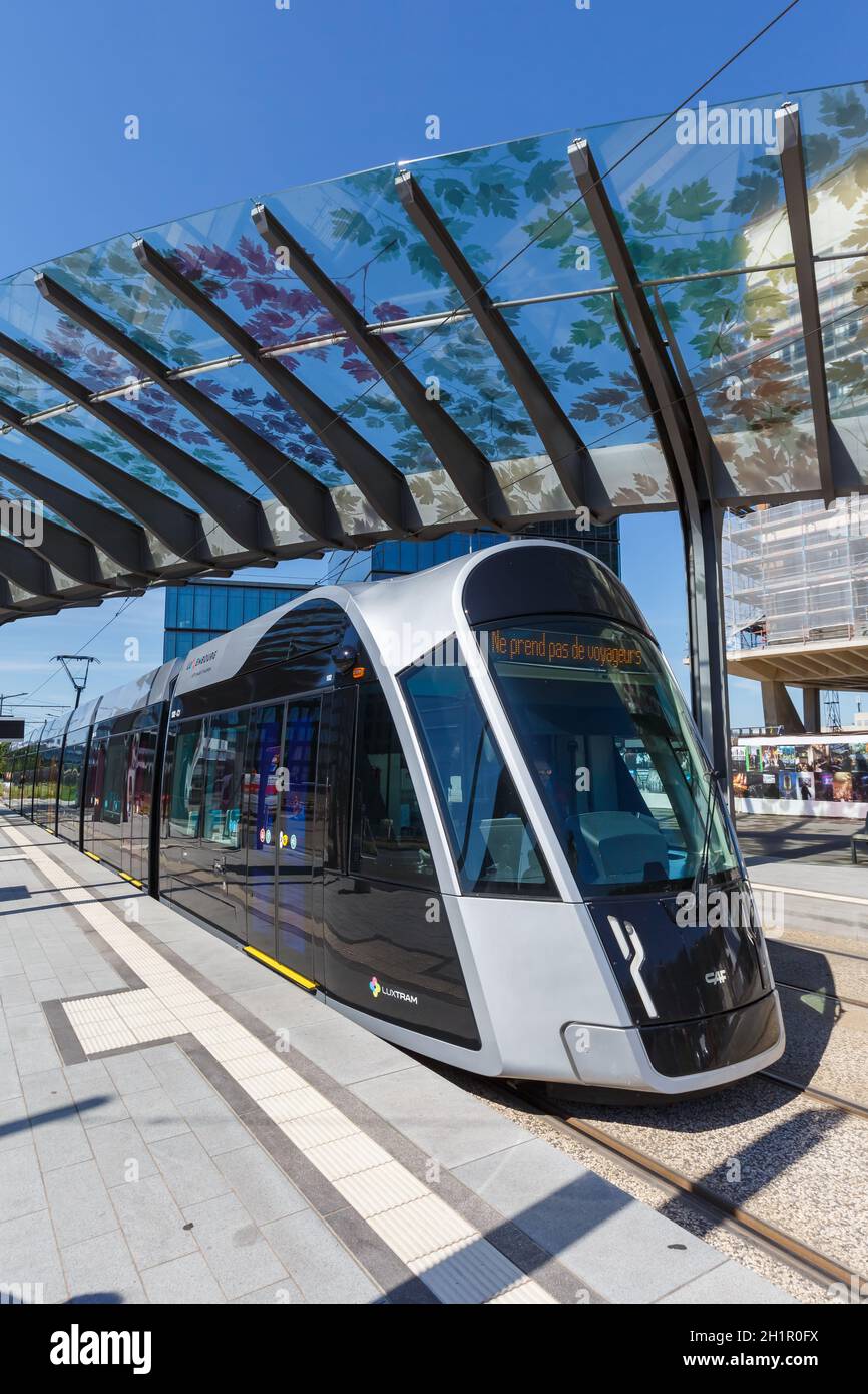 Luxembourg - June 24, 2020: Tram Luxtram train transit transport Luxexpo station in Luxembourg. Stock Photo