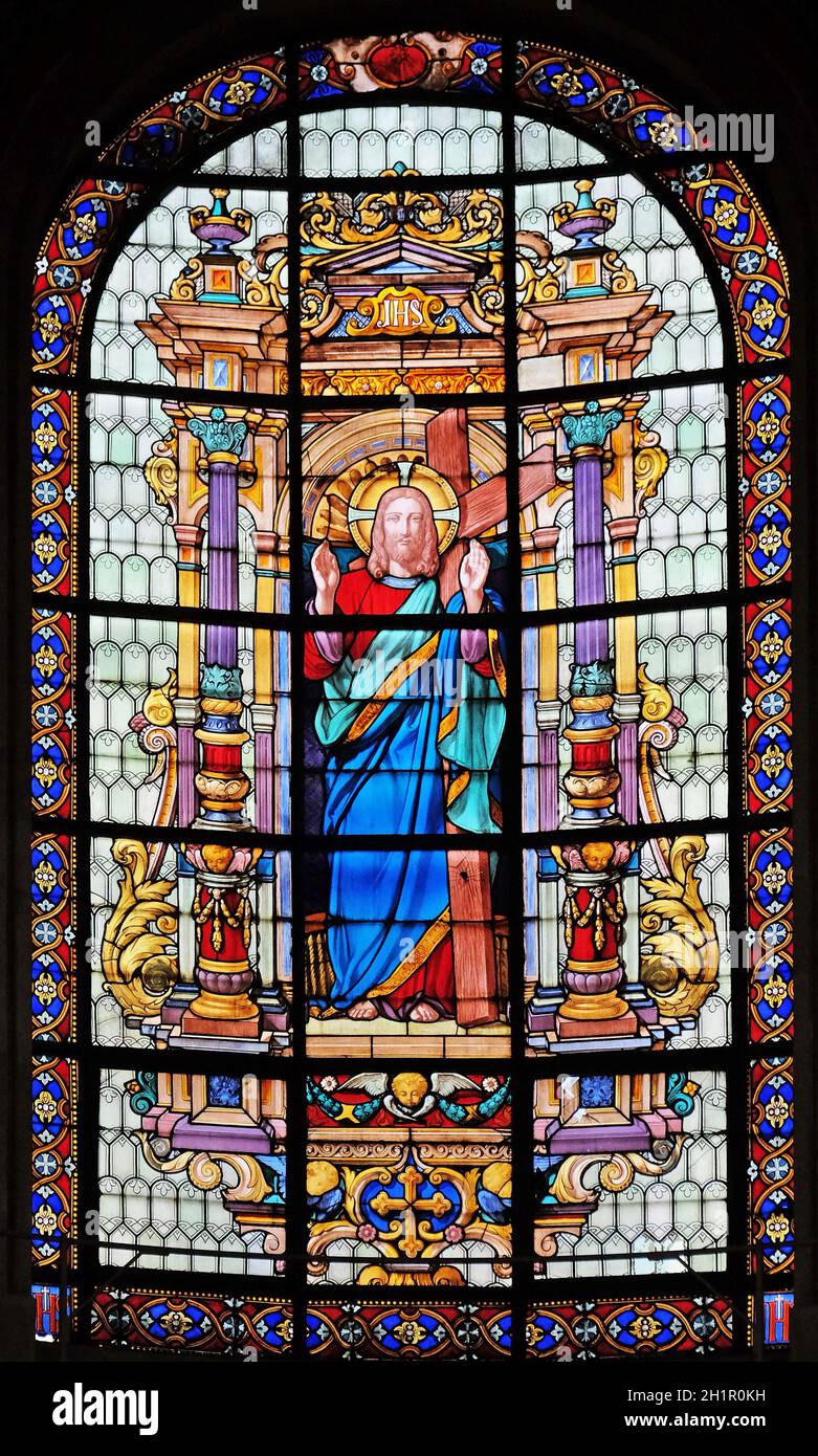 Sacred Heart of Jesus, stained glass windows in the Saint Roch Church, Paris, France Stock Photo
