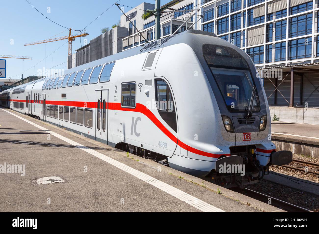 Stuttgart, Germany - April 22, 2020: IC2 Intercity 2 double-deck train at Stuttgart main station railway in Germany. Stock Photo