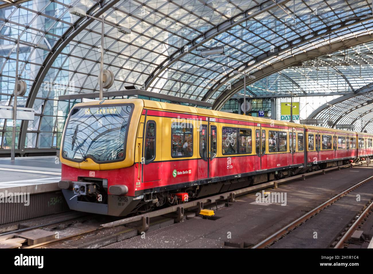 Berlin, Germany - August 20, 2020: S-Bahn Berlin suburban train S Bahn at main railway station Hauptbahnhof Hbf in Germany. Stock Photo