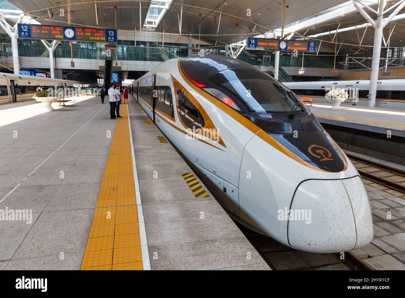 Tianjin, China - September 29, 2019: High speed train Fuxing high-speed railway Tianjin Station in China. Stock Photo
