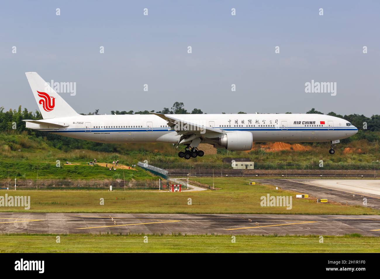 Chengdu, China - September 21, 2019: Air China Boeing 777-300ER airplane at Chengdu Airport (CTU) in China. Boeing is an American aircraft manufacture Stock Photo
