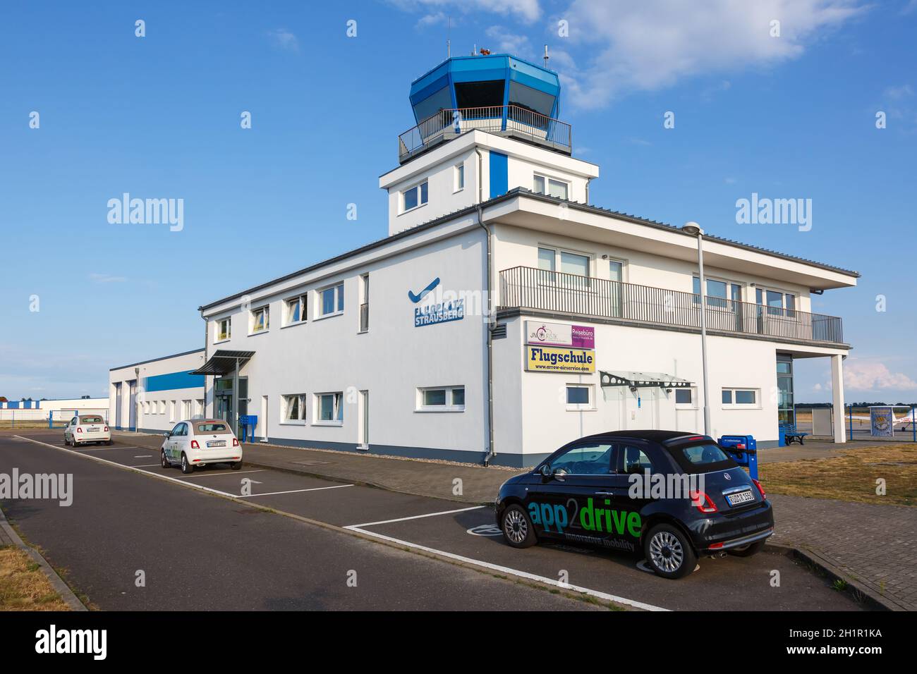 Strausberg, Germany - August 19, 2020: Strausberg Airport Terminal and Tower in Germany. Stock Photo