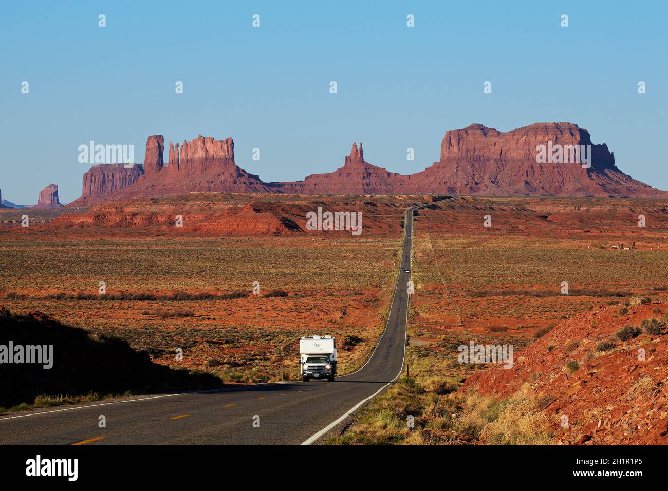 RV on U.S. Route 163, Monument Valley, Navajo Nation, Utah, near Arizona Border, USA Stock Photo