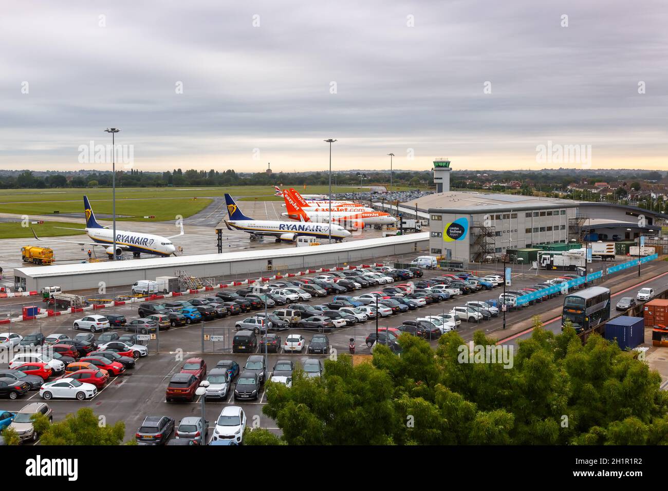 Southend, United Kingdom - July 7, 2019: Ryanair and EasyJet airplanes at London Southend airport (SEN) in the United Kingdom. Stock Photo