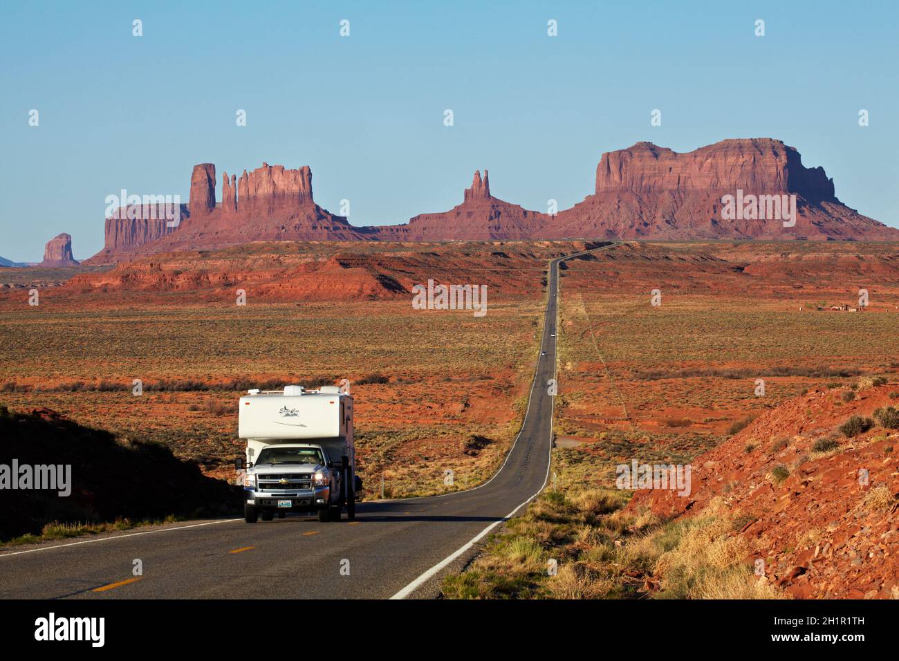 RV on U.S. Route 163, Monument Valley, Navajo Nation, Utah, near Arizona Border, USA Stock Photo