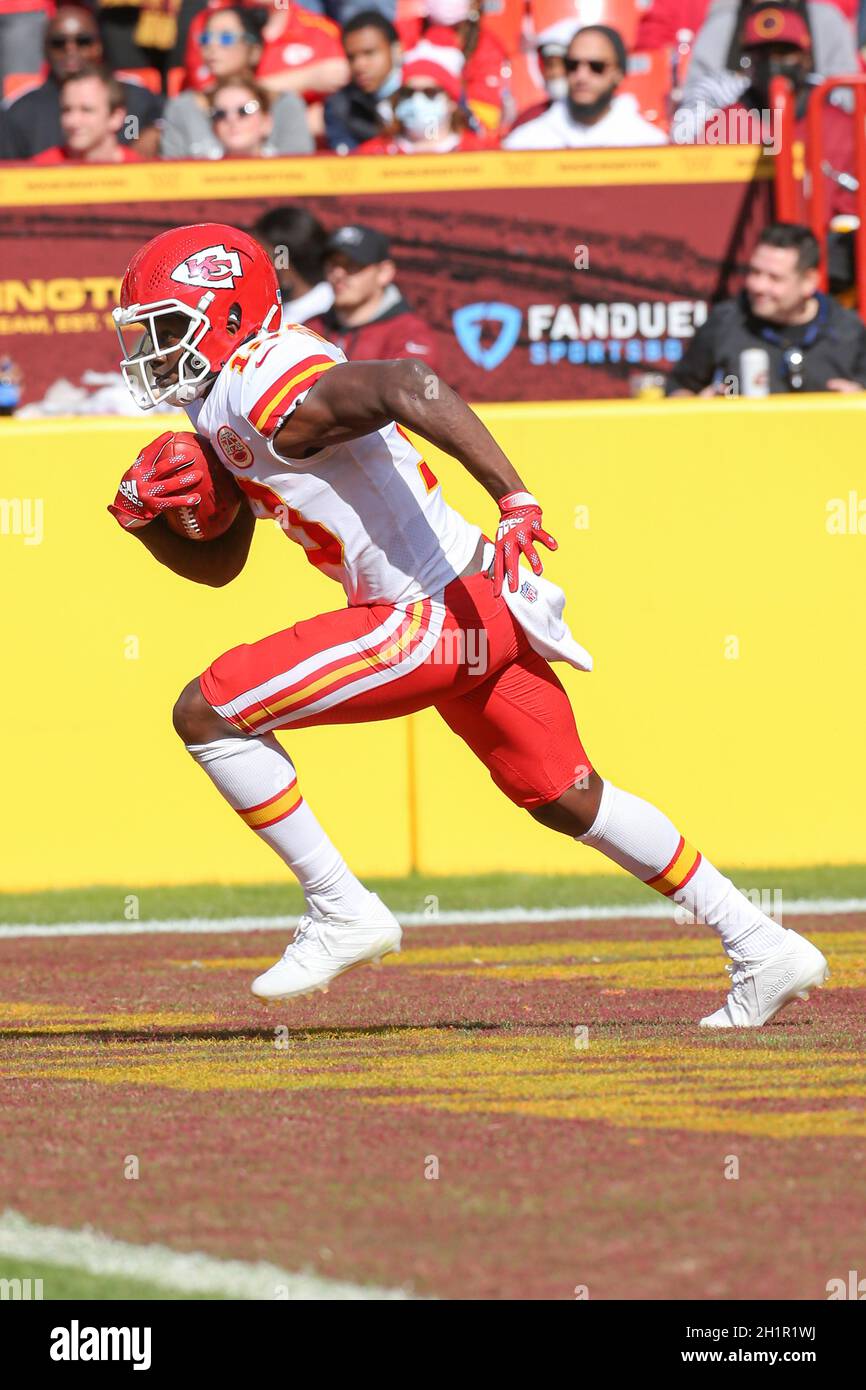 Sunday, October 17, 2021; Landover, MD, USA;  Kansas City Chiefs wide receiver Byron Pringle (13) runs a kickoff out of the end zone during an NFL gam Stock Photo