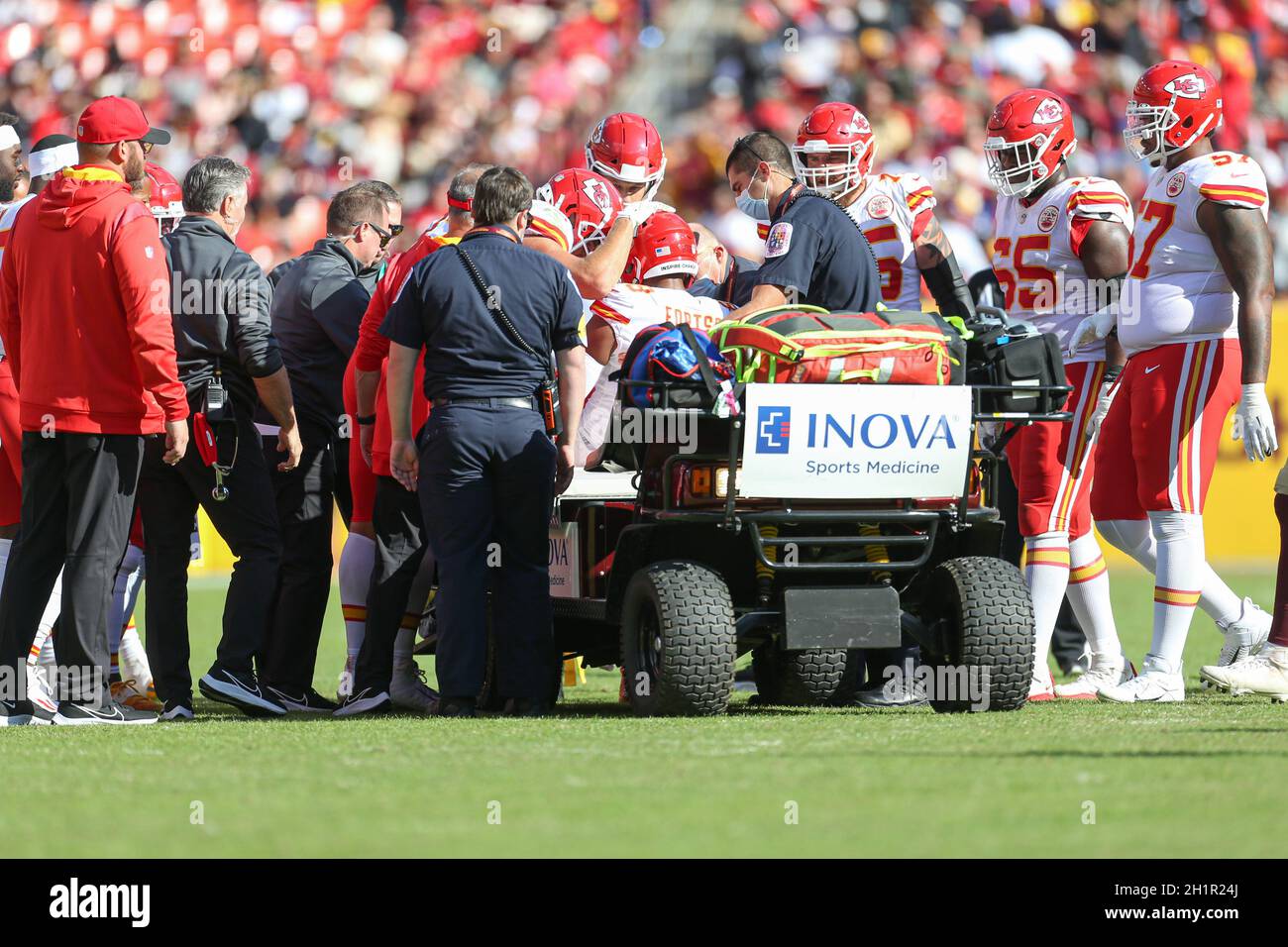 Sunday, October 17, 2021; Landover, MD, USA;  Kansas City Chiefs tight end Jody Fortson (88) is injured and required assistance to leave the field dur Stock Photo