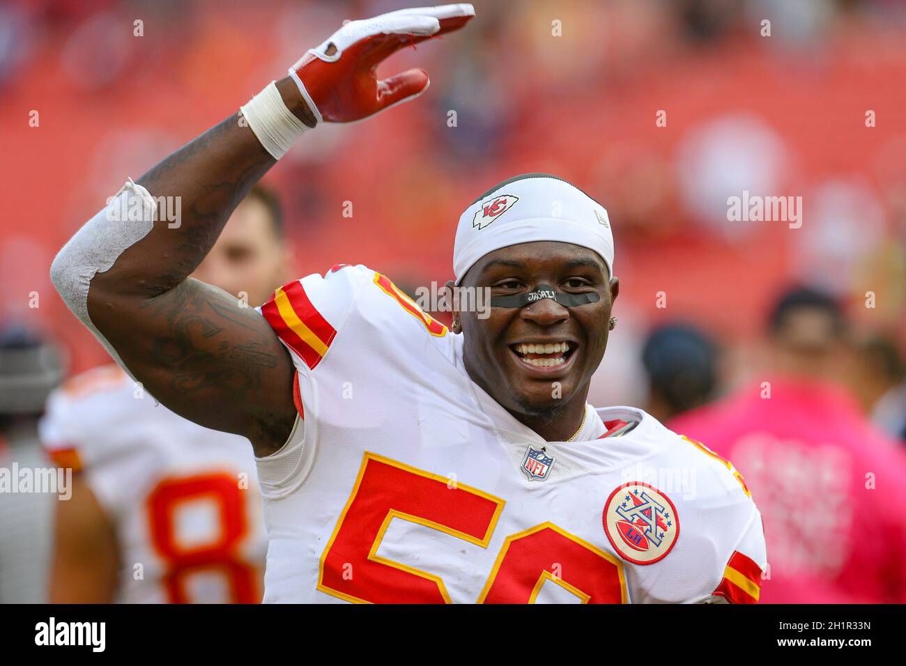 Sunday, October 17, 2021; Landover, MD, USA;  Kansas City Chiefs linebacker Willie Gay Jr. (50) celebrates the win as he heads to the locker room afte Stock Photo