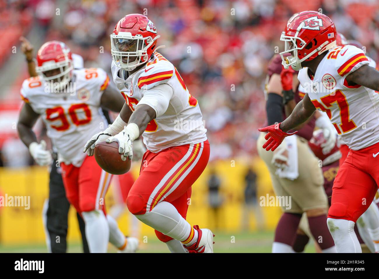 Sunday, October 17, 2021; Landover, MD, USA;  Kansas City Chiefs defensive end Tershawn Wharton (98) celebrates an interception of Washington Football Stock Photo