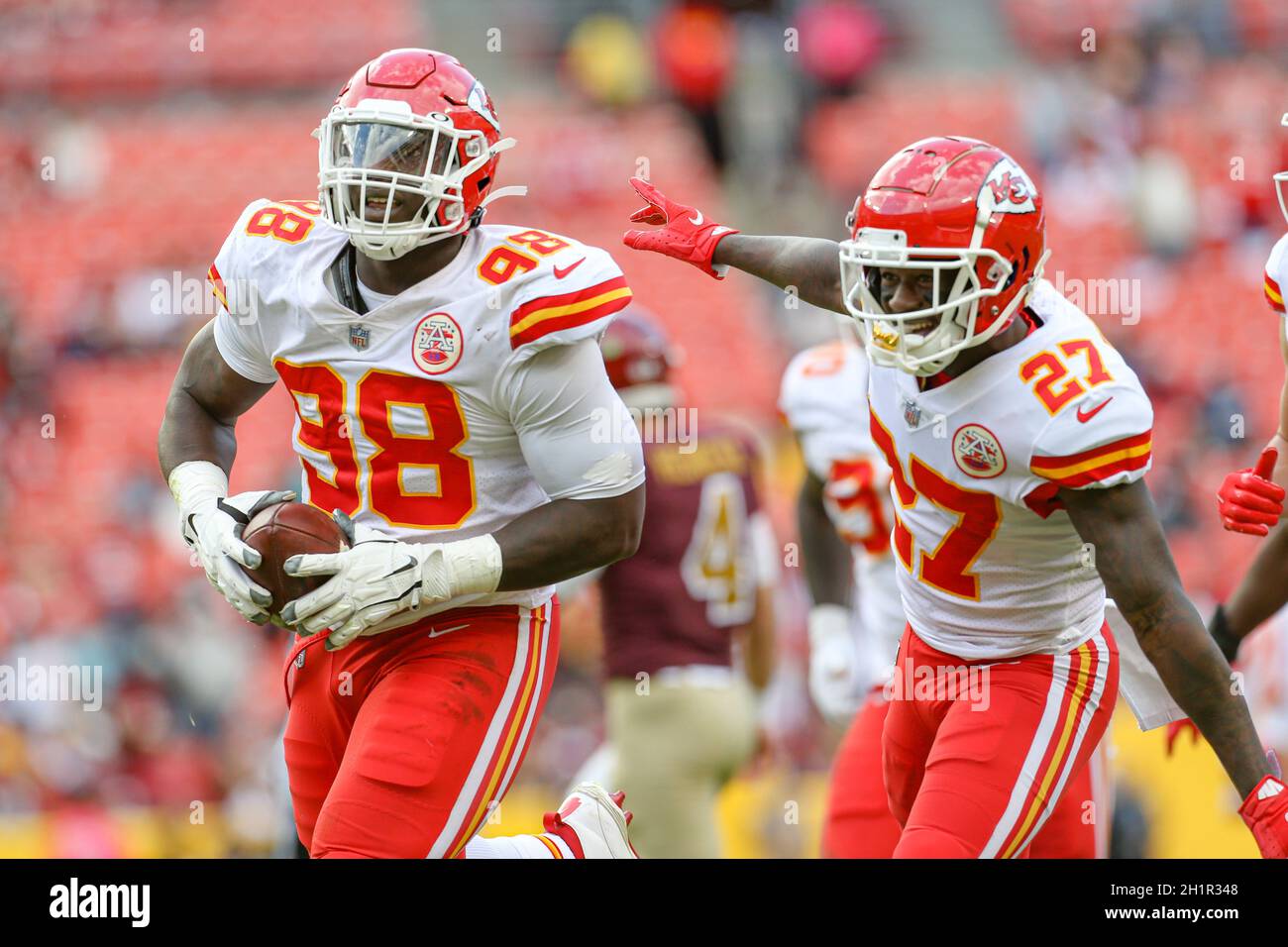 Sunday, October 17, 2021; Landover, MD, USA;  Kansas City Chiefs defensive end Tershawn Wharton (98) celebrates an interception of Washington Football Stock Photo