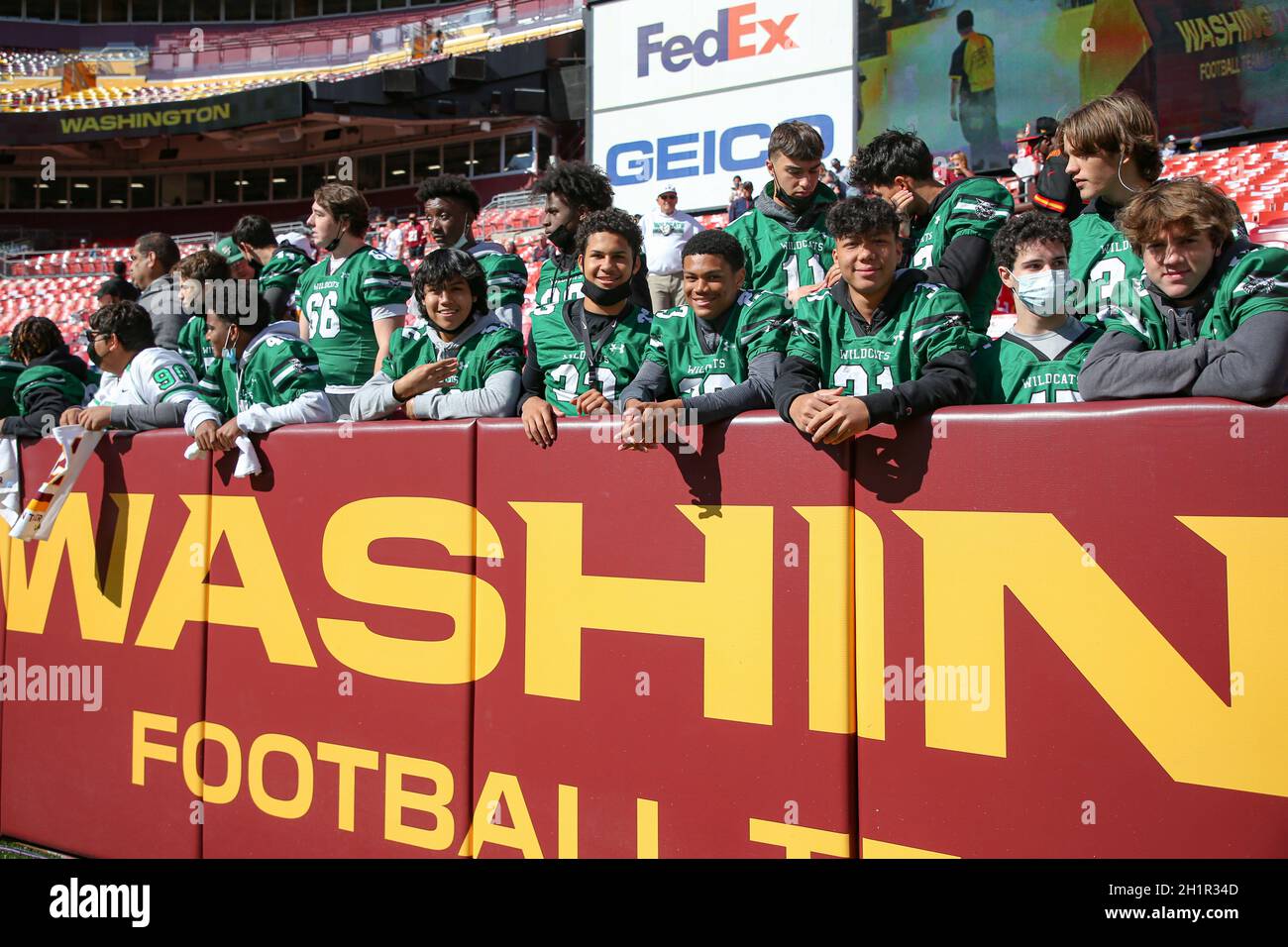 Sunday, October 17, 2021; Landover, MD, USA;  Members of the Arundel High School Wildcats prior to an NFL game between the Washington Football Team an Stock Photo