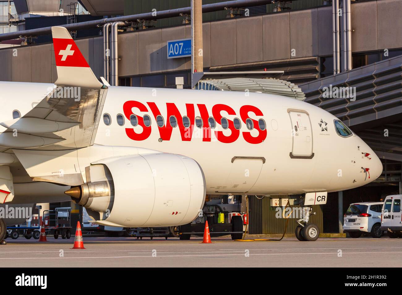 Zurich, Switzerland - July 22, 2020: Swiss Airbus A220-300 airplane at Zurich Airport (ZRH) in Switzerland. Airbus is a European aircraft manufacturer Stock Photo