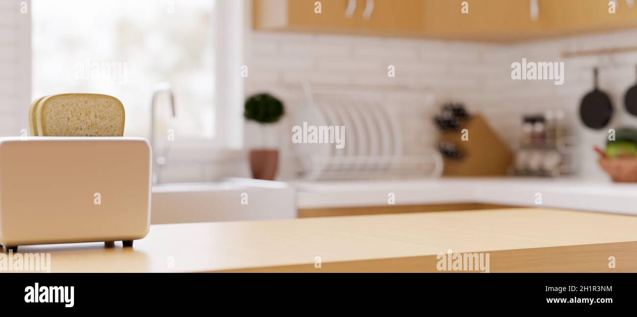 Modern luxury wooden kitchen countertop with toaster and space for ...