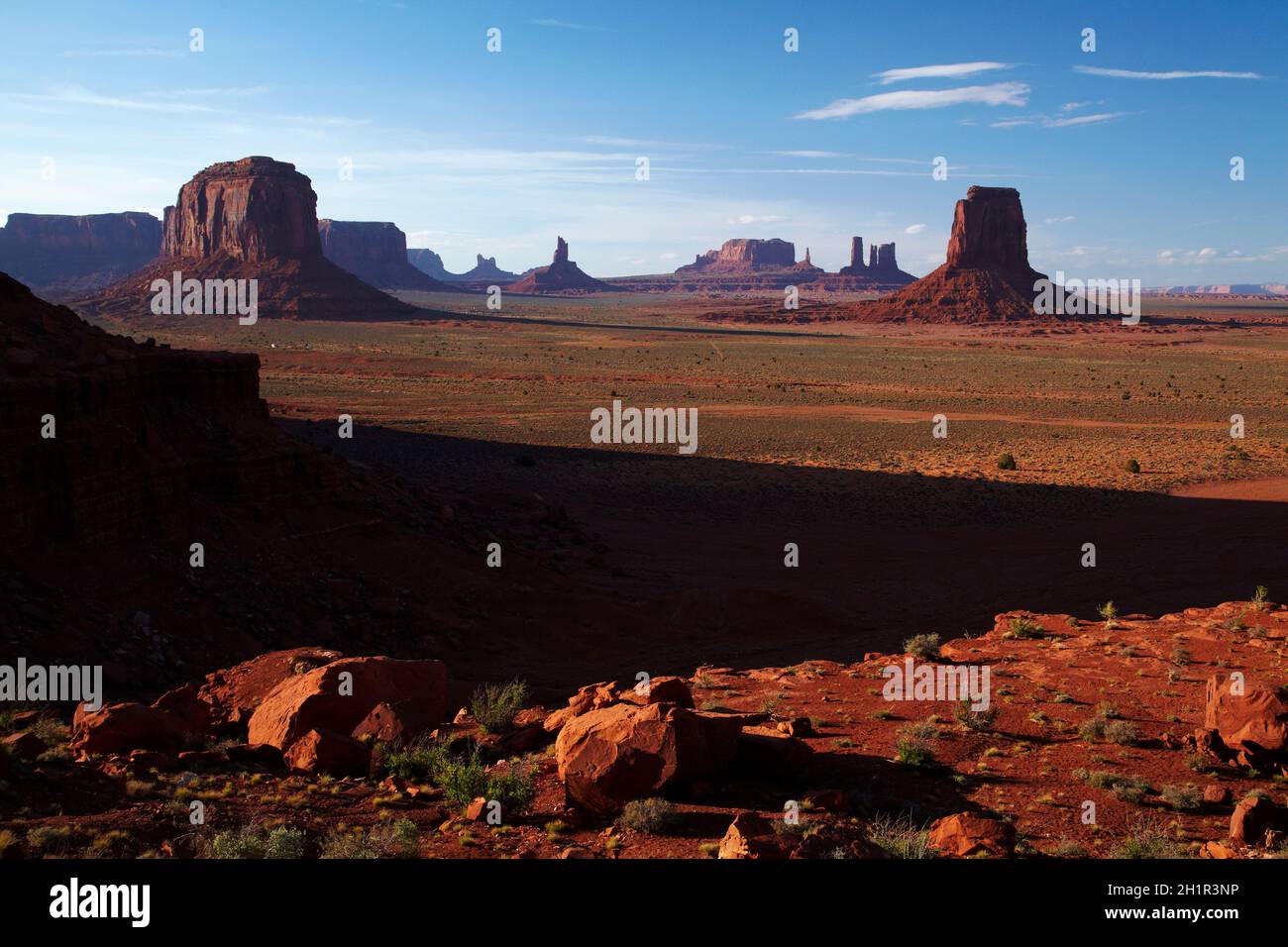 Merrick Butte (left) and East Mitten (right), Monument Valley, Navajo Nation, Utah/Arizona Border, USA Stock Photo