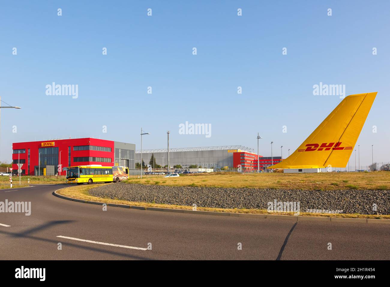 Leipzig, Germany - August 19, 2020: DHL Hub at Leipzig Halle LEJ Airport airplane aircraft tail in Germany. Stock Photo
