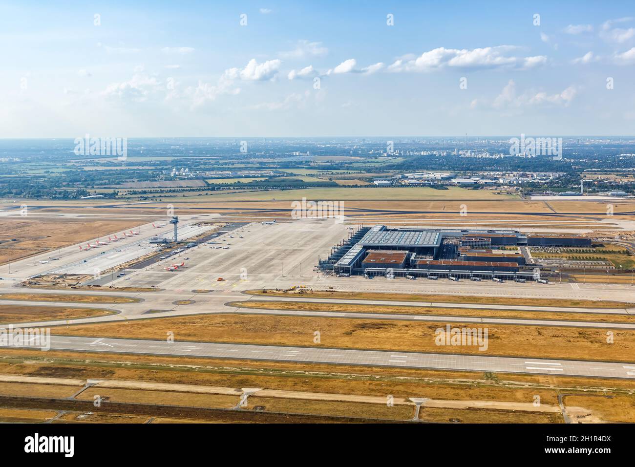 Berlin, Germany - August 19, 2020: Berlin Brandenburg BER Airport Terminal aerial view photo in Germany. Stock Photo