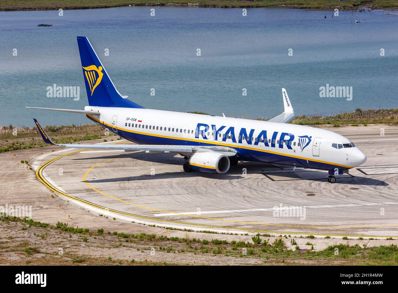Corfu, Greece - September 19, 2020: Ryanair Boeing 737-800 airplane at Corfu Airport in Greece. Boeing is an American aircraft manufacturer headquarte Stock Photo