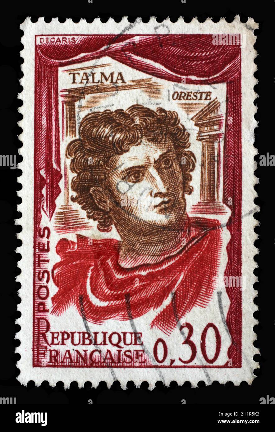Stamp printed in the France shows French actor Francois Joseph Talma (1763-1826), famous French actor for classical tragedy, Famous actors series, cir Stock Photo