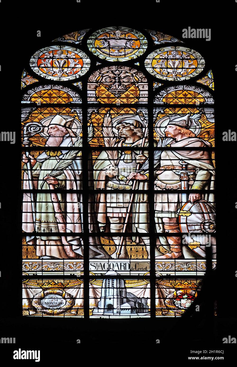 Saint Agoard of Creteil, stained glass window in the Saint Augustine church in Paris, France Stock Photo