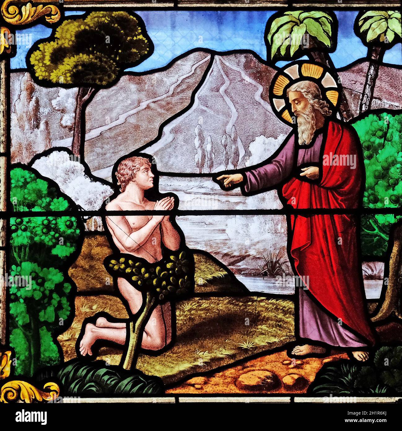 Creation of Adam, stained glass window in Church of Saint Leu Saint ...
