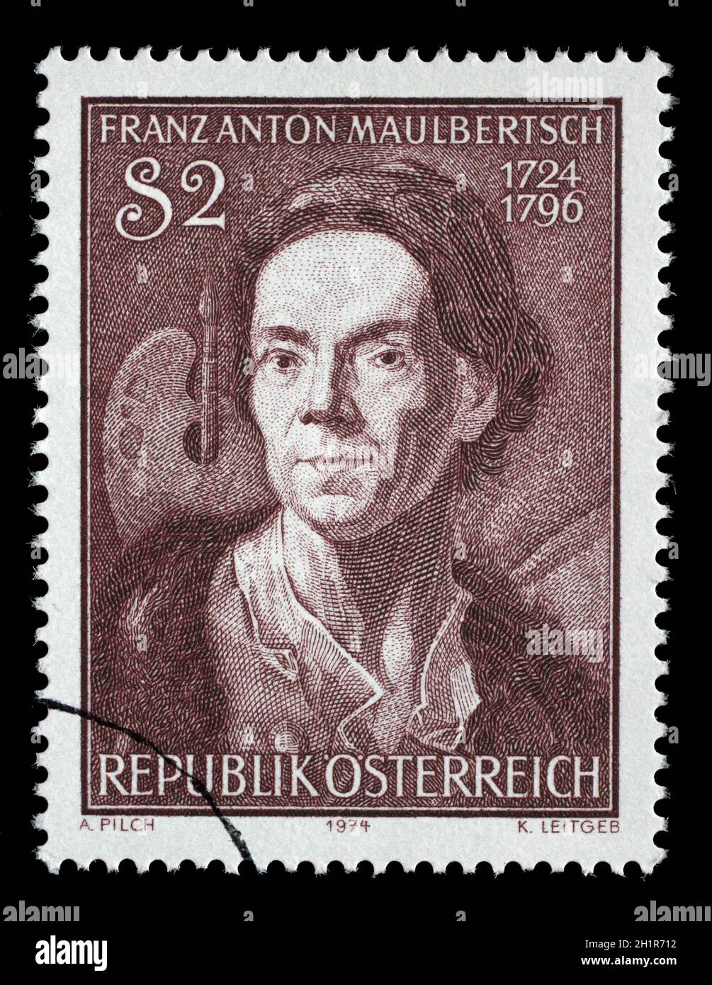 Stamp printed by Austria, shows Franz Anton Maulbertsch, Austrian painter and engraver , circa 1974 Stock Photo