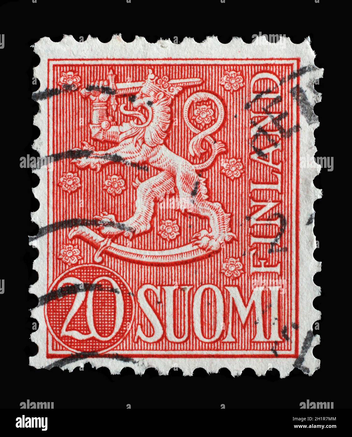 Stamp printed in the Finland shows Crowned Lion, Coat of Arms of the Republic of Finland, Hammarsten-Jansson Design, circa 1956 Stock Photo
