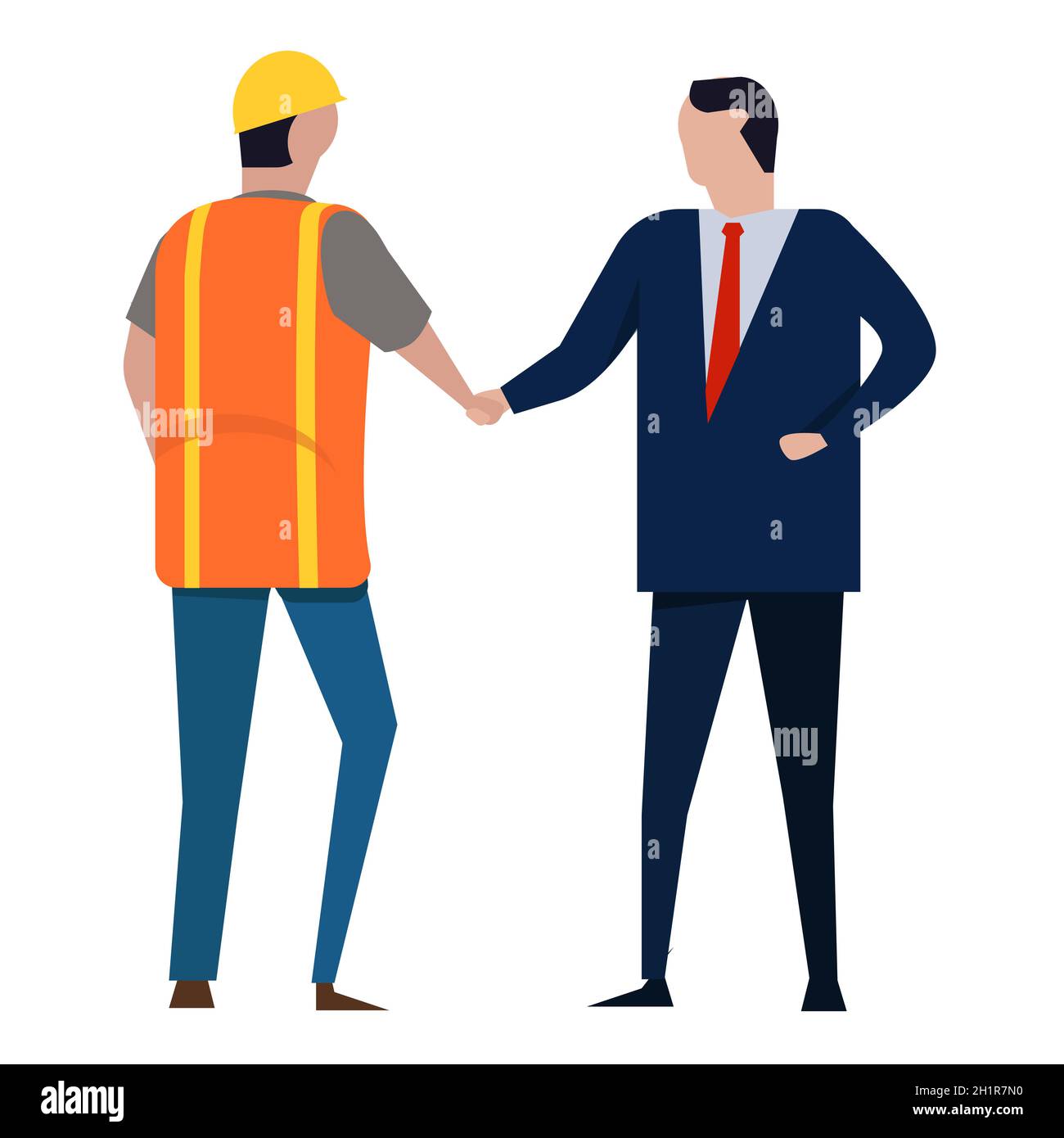 worker and boss deal handshake congratulate labor deal employment issue project construction with helmet protection Stock Vector