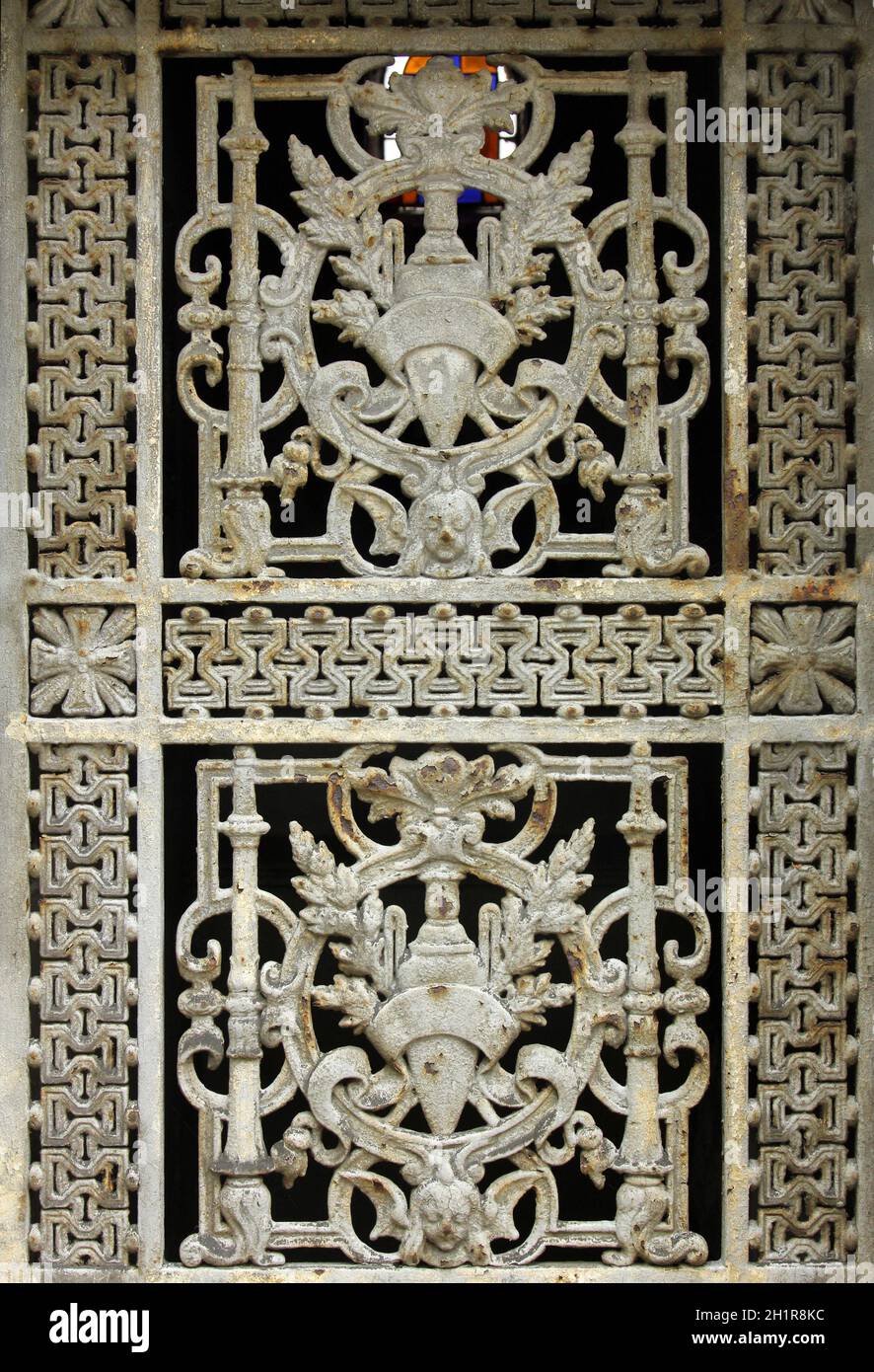 Beautiful example of an ornate Paris tomb door in the Pere Lachaise cemetery. Stock Photo