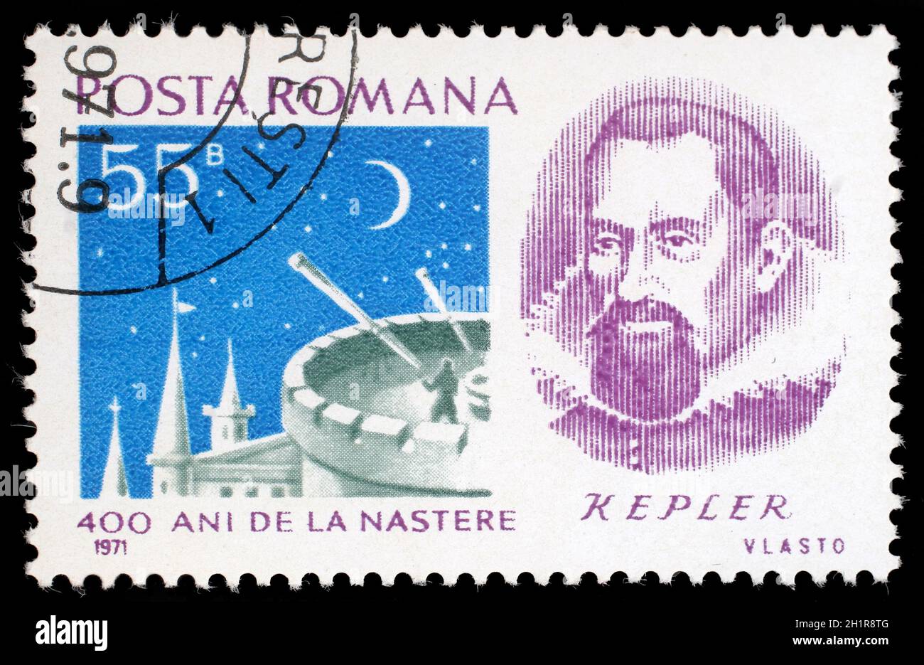 Stamp printed in Romania shows portrait of Johannes Kepler, with inscription and name of series 'Scientific Anniversaries - 400th birth anniversary of Stock Photo
