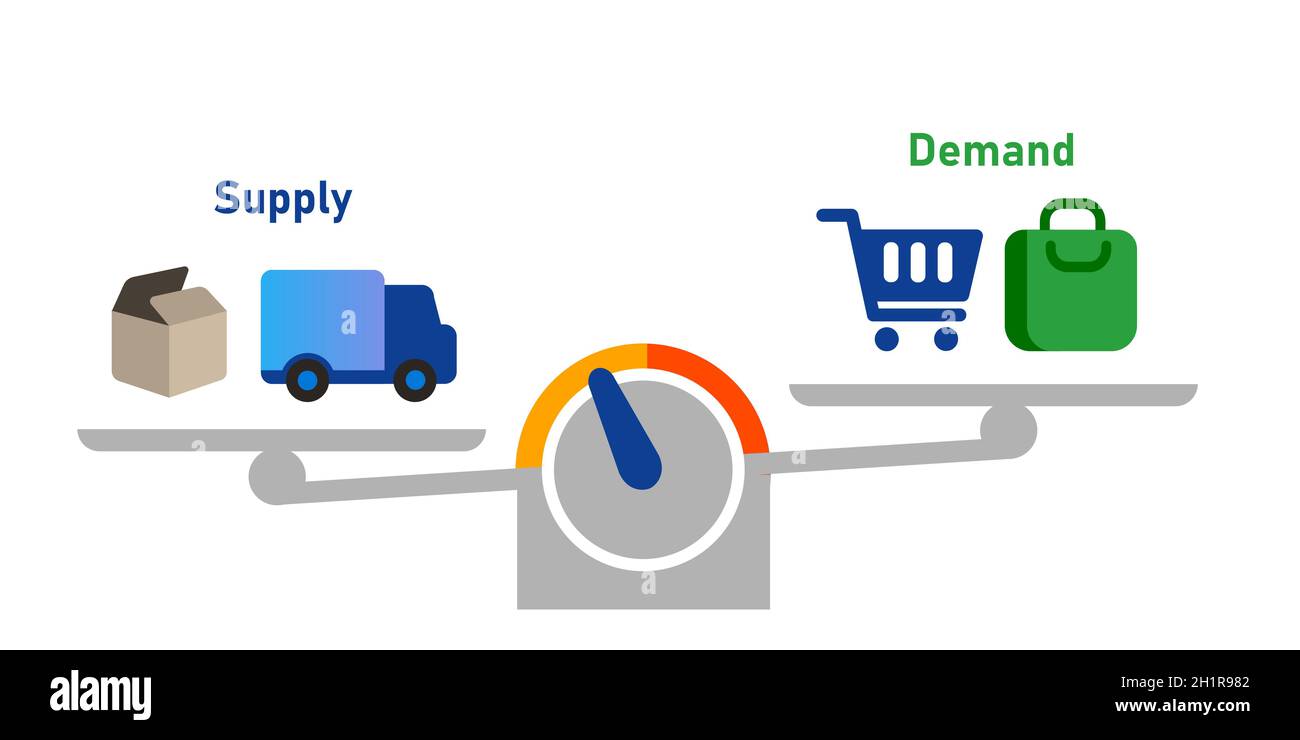 Balancing supply and demand in market inventory commerce analysis between production and shopping selling consumer Stock Vector