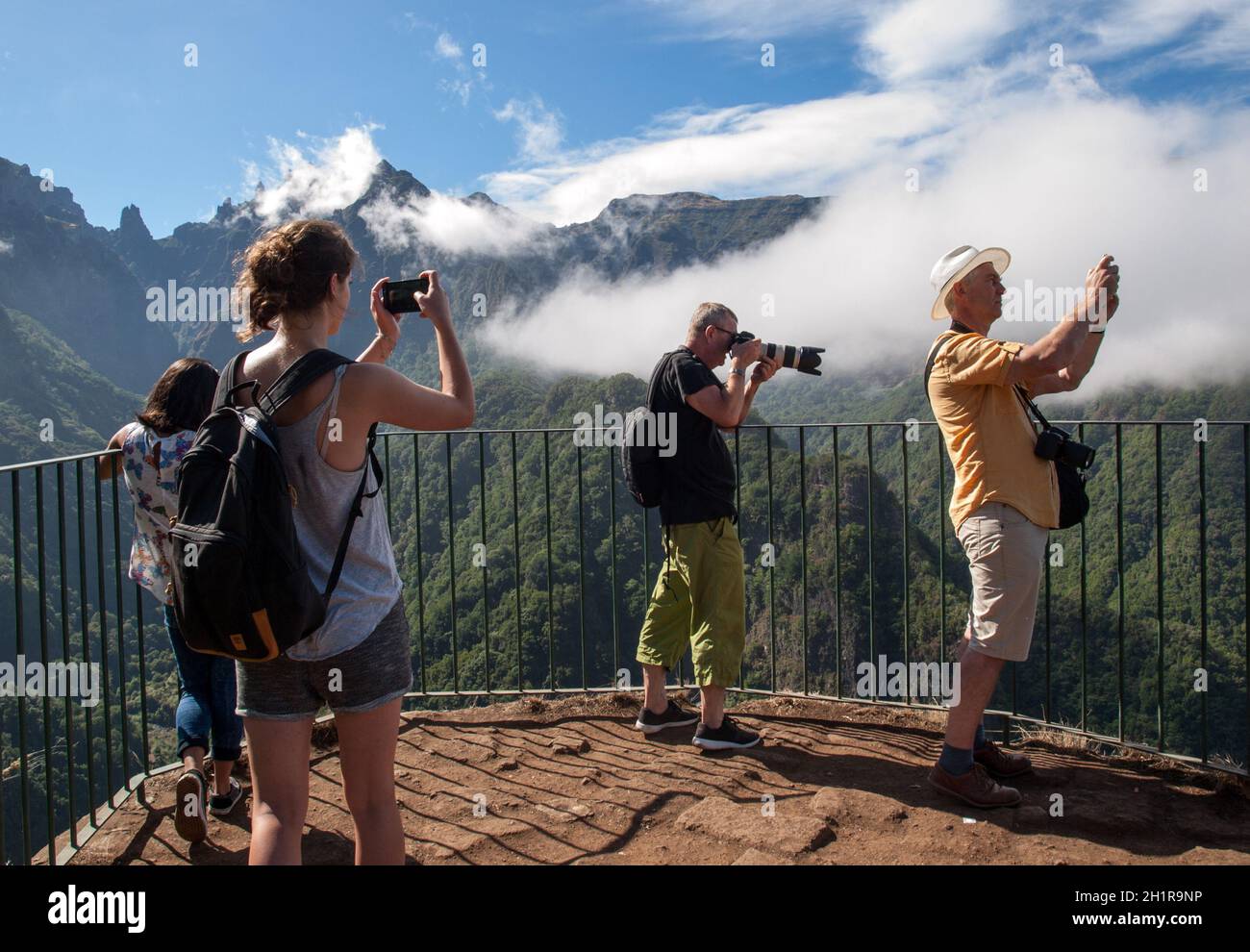 Miradouro dos Balcoes, Madeira, Portugal - September 9, 2016: Tourists at a viewpoint, Miradouro dos Balcoes at 880m high, Madeira Island Stock Photo