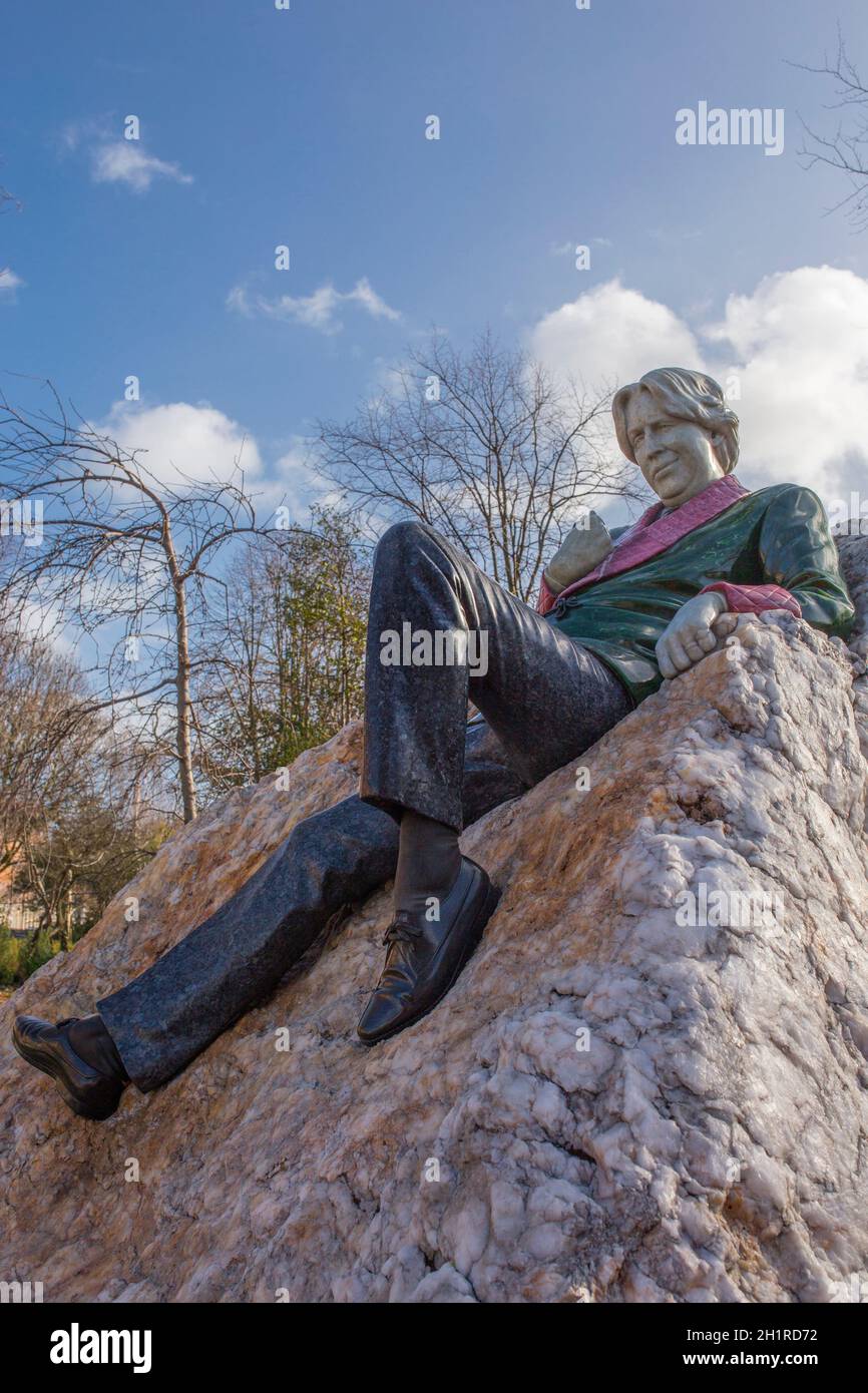 Dublin, Ireland - Feb 2nd, 2020: Oscar Wilde Memorial Sculpture at Merrion Square Park, Dublin, Ireland. Made by Danny Osborne Stock Photo