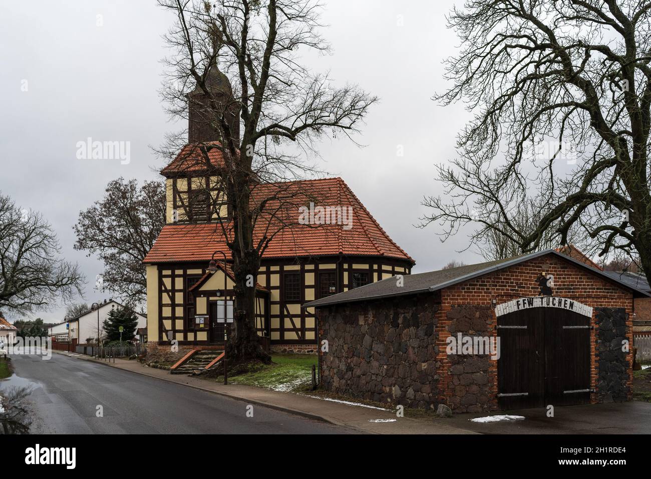 TUCHEN, GERMANY - FEBRUAR 04, 2021: Timber framing village church. Stock Photo