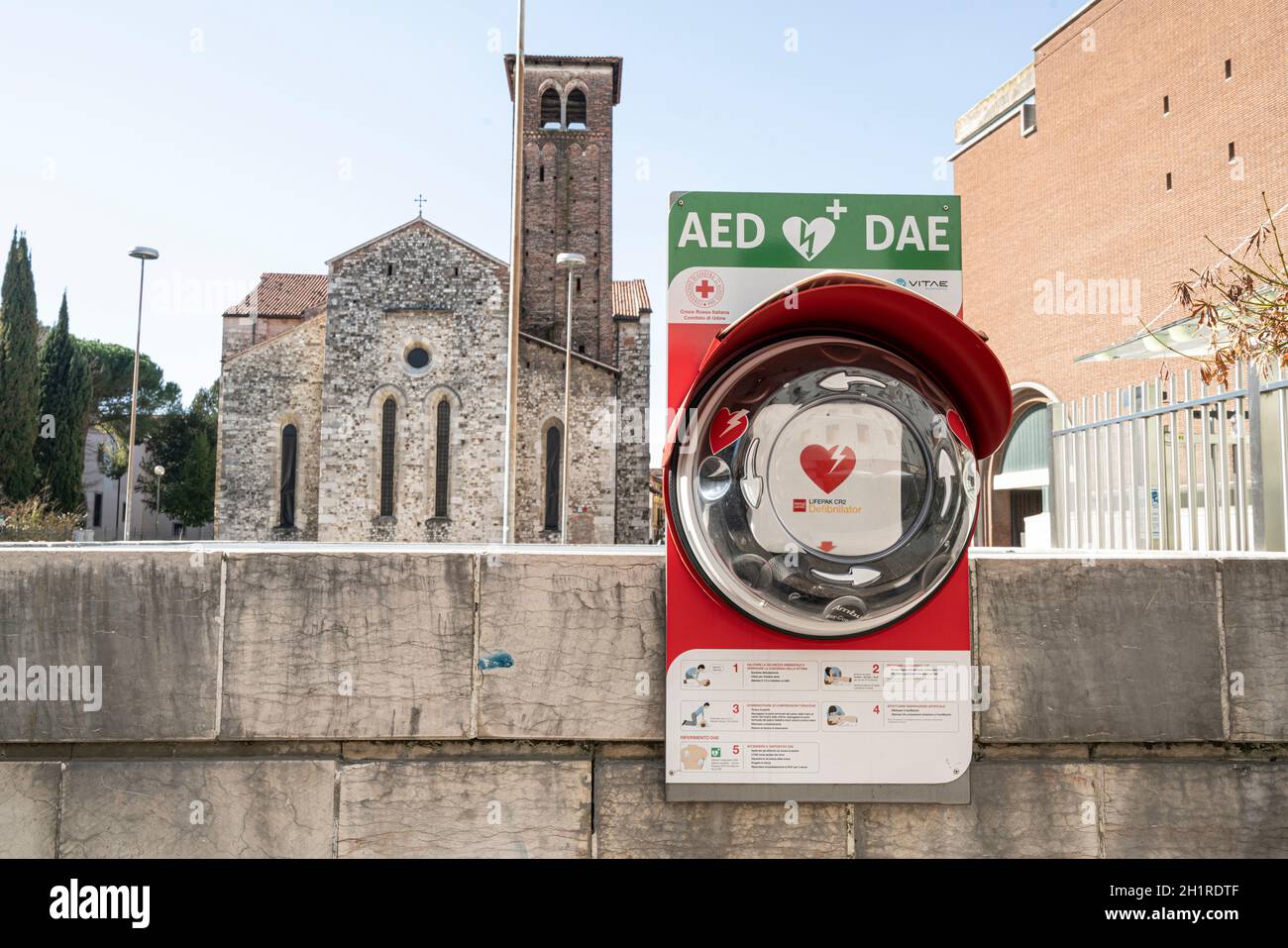 Udine, Italy. March 3, 2021.  a defibrillator medical device in a city center square Stock Photo