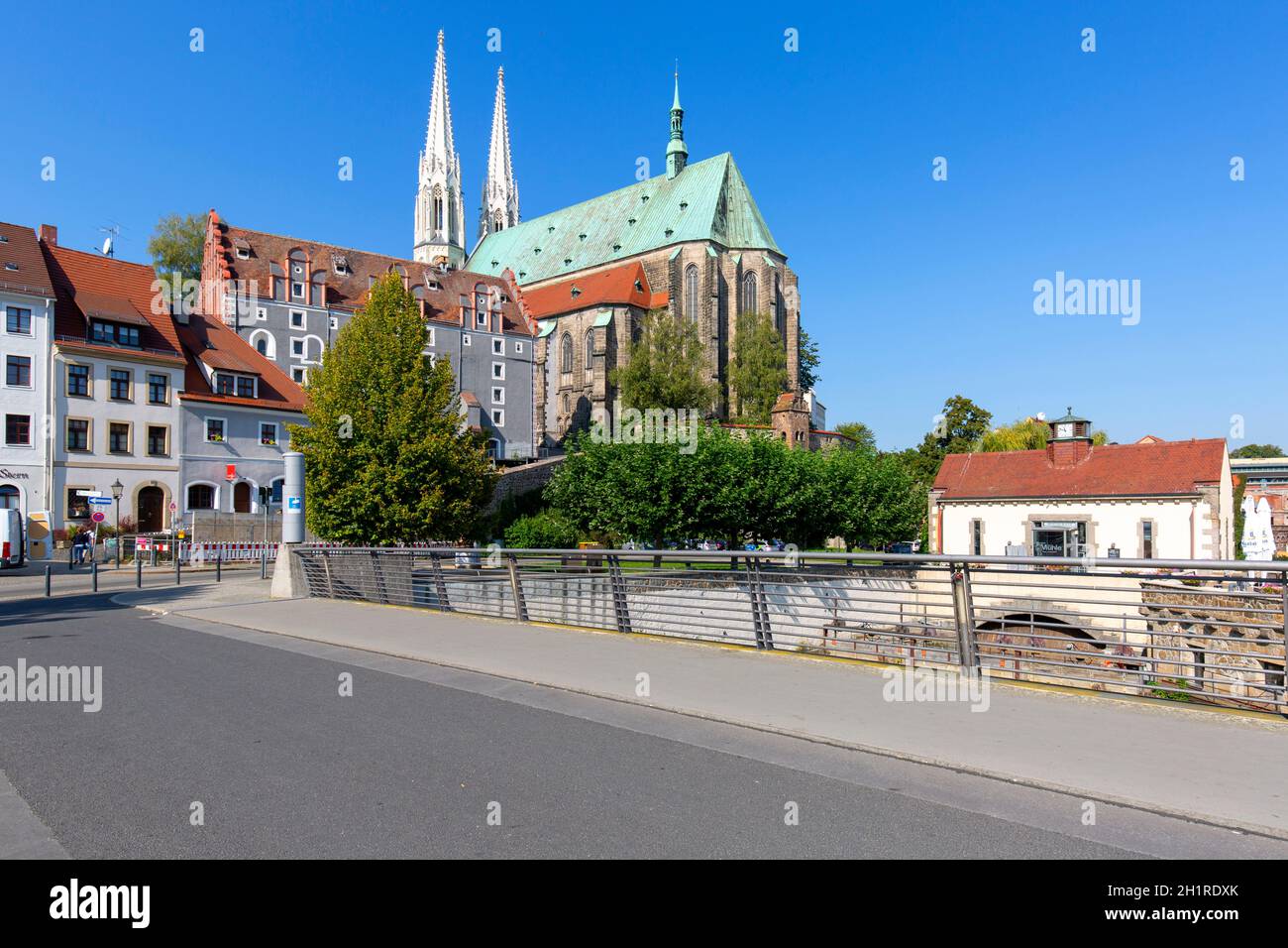 Goerlitz, Germany - September 22, 2020 : Lutheran Peterskirche (Church of St. Peter and Paul) on Lusatian Neisse river, Old Town Bridge between Poland Stock Photo
