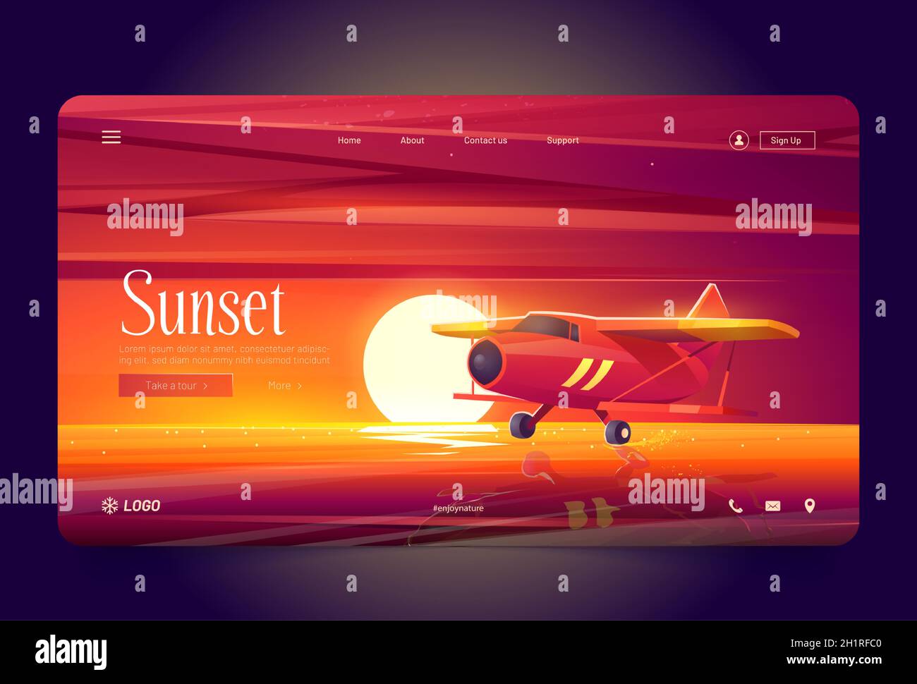 Red airplane fly over water at sunset. Vector landing page of flights with cartoon illustration of evening landscape with lake, sea or river, sun on horizon and biplane in air Stock Vector