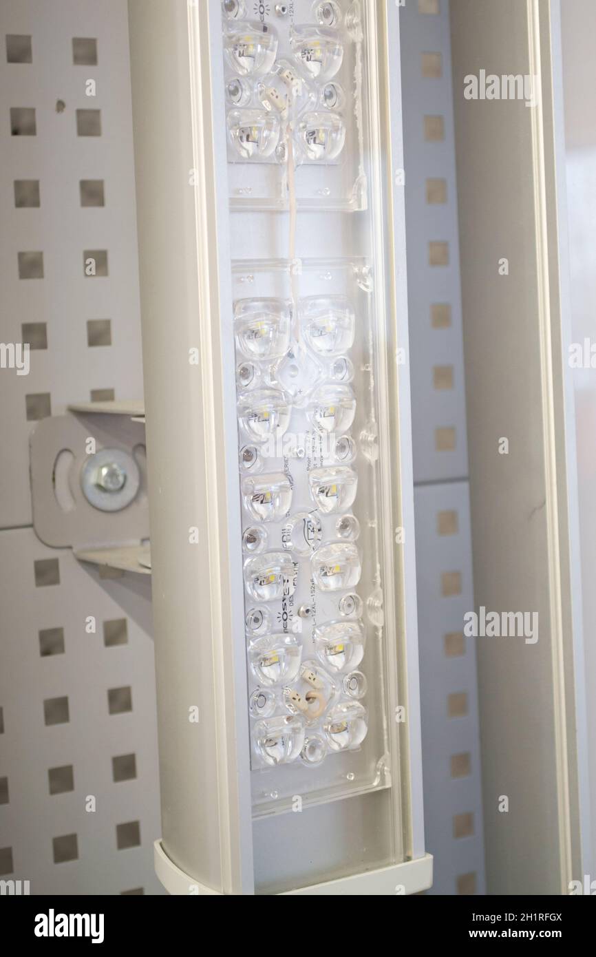 SMD LED in glass street or industrial lighting on the board , led flood light led spot light close up Stock Photo